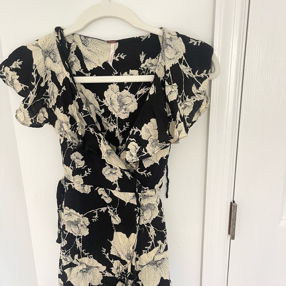 Floral Black and Cream Wrap Dress